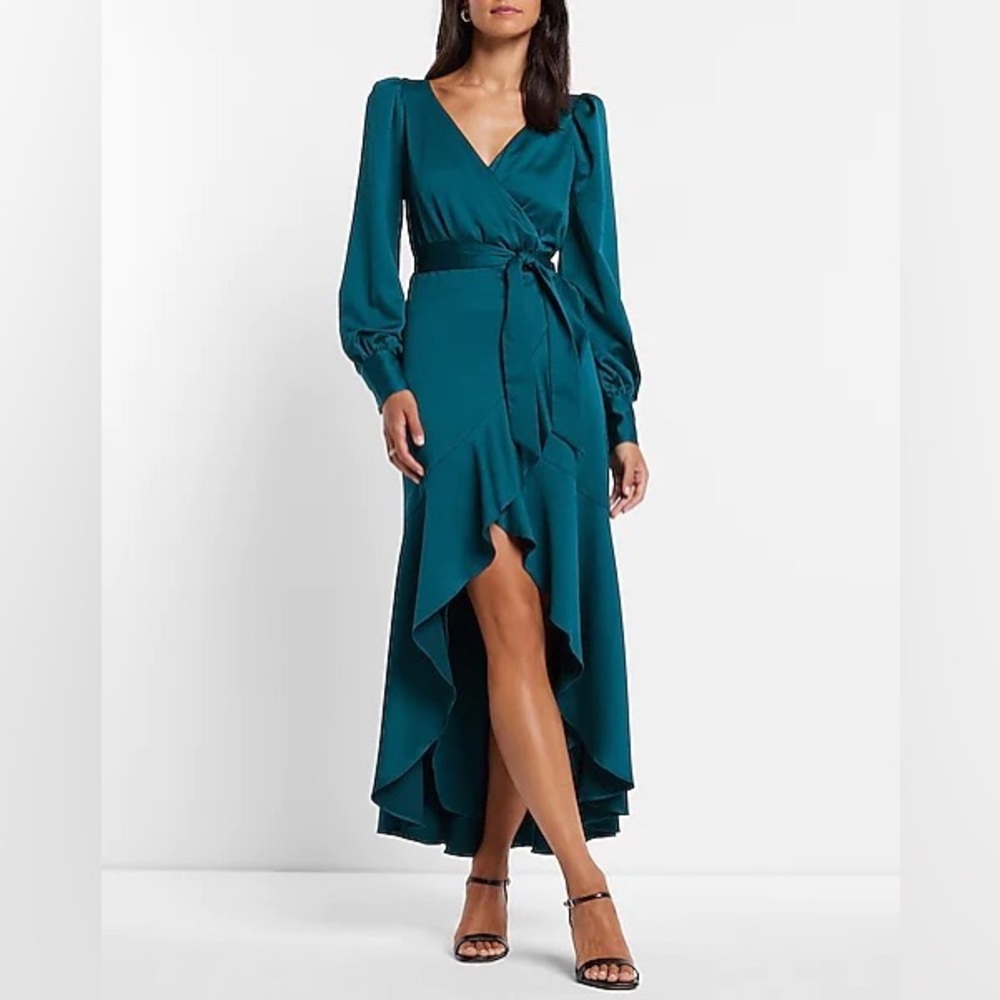 Express Textured Faux Wrap Ruffle Hi-Lo Maxi Dress. Wedding guest dress.